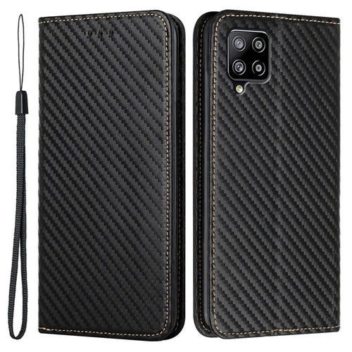Phone Covering Hand Strap Design Carbon Fiber Texture Stand Wallet Design Auto-absorbed Leather Case for Samsung Galaxy A42 5G - Black - 1