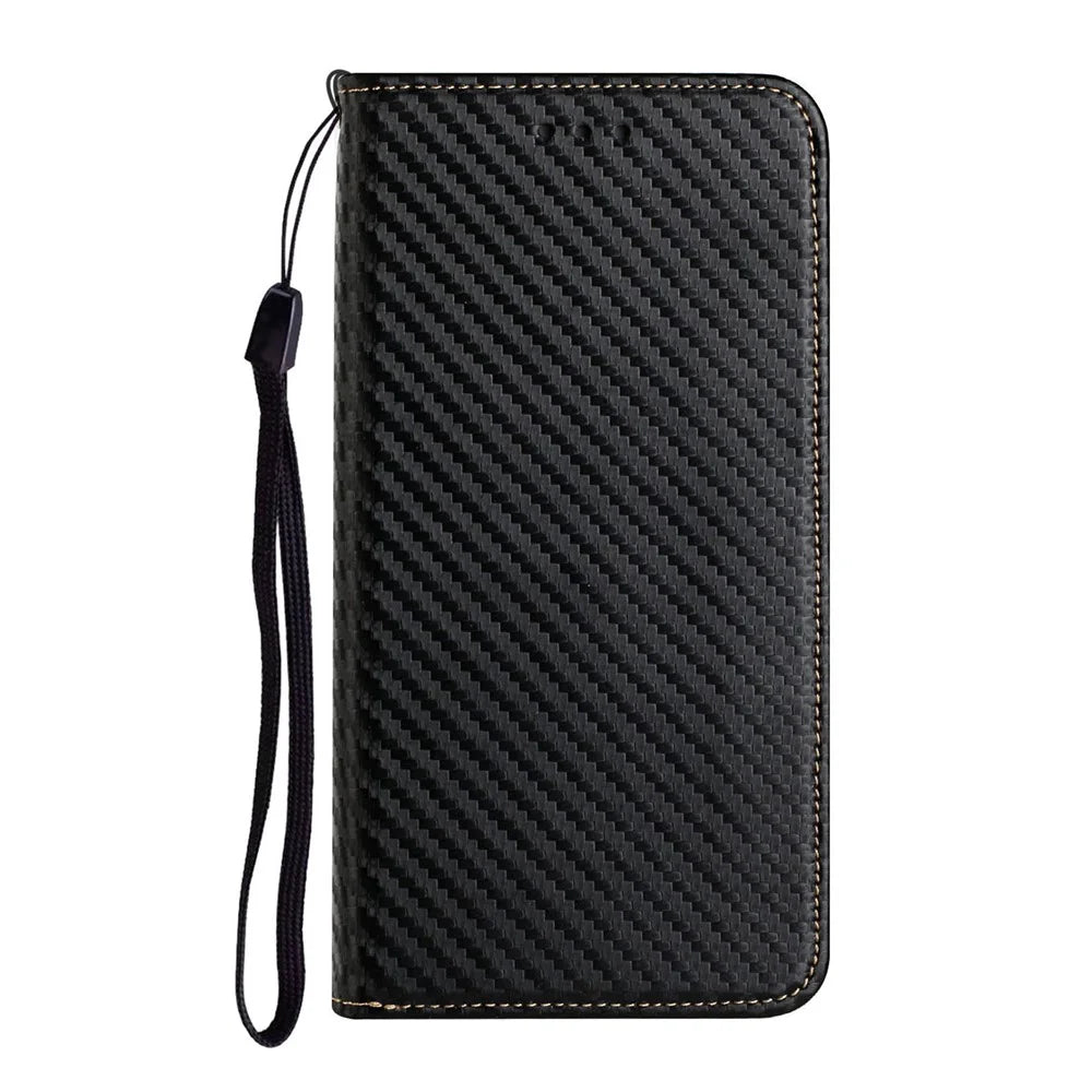 Phone Covering Hand Strap Design Carbon Fiber Texture Stand Wallet Design Auto-absorbed Leather Case for Samsung Galaxy A42 5G - Black - 2