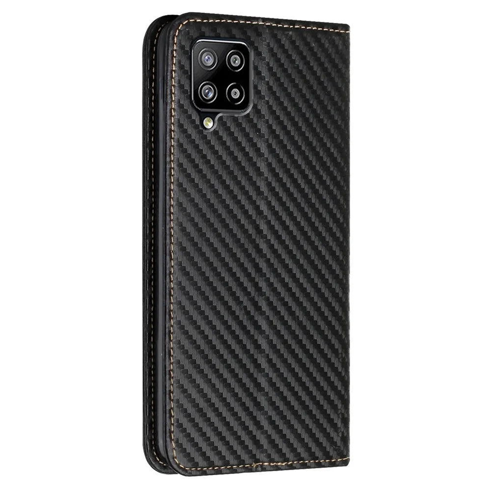 Phone Covering Hand Strap Design Carbon Fiber Texture Stand Wallet Design Auto-absorbed Leather Case for Samsung Galaxy A42 5G - Black - 3
