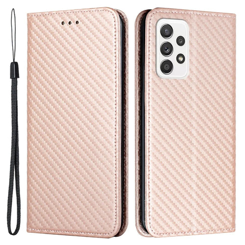 Auto-absorbed Carbon Fiber Texture Stand Wallet Leather Case Cover with Hand Strap for Samsung Galaxy A52 5G / A52s 5G / A52 4G - Rose Gold - 1