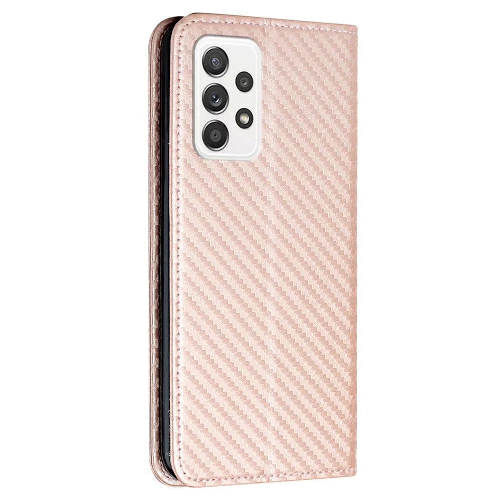 Auto-absorbed Carbon Fiber Texture Stand Wallet Leather Case Cover with Hand Strap for Samsung Galaxy A52 5G / A52s 5G / A52 4G - Rose Gold - 3