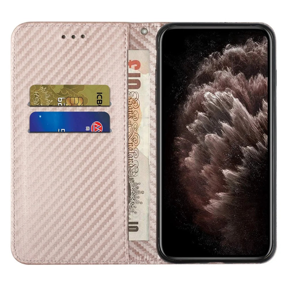 Auto-absorbed Carbon Fiber Texture Stand Wallet Leather Case Cover with Hand Strap for Samsung Galaxy A52 5G / A52s 5G / A52 4G - Rose Gold - 4