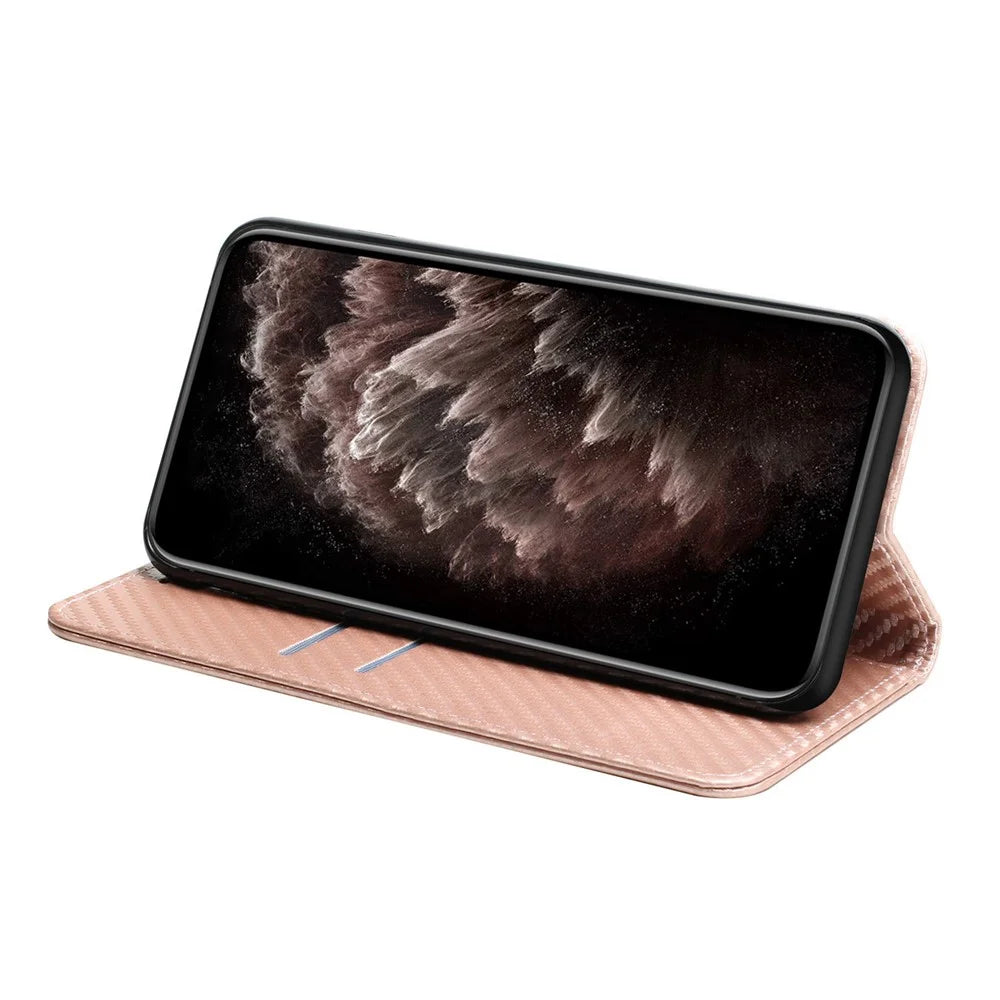 Auto-absorbed Carbon Fiber Texture Stand Wallet Leather Case Cover with Hand Strap for Samsung Galaxy A52 5G / A52s 5G / A52 4G - Rose Gold - 5