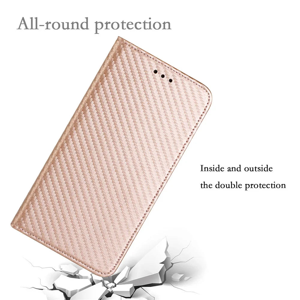 Auto-absorbed Carbon Fiber Texture Stand Wallet Leather Case Cover with Hand Strap for Samsung Galaxy A52 5G / A52s 5G / A52 4G - Rose Gold - 7