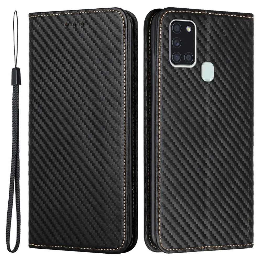 Anti-shock Phone Flip Cover Carbon Fiber Texture Stand Wallet Design Auto-absorbed PU Leather+TPU Phone Case for Samsung Galaxy A21s - Black - 1