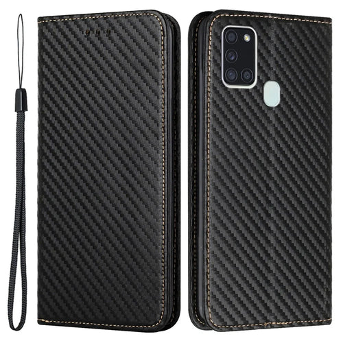 Anti-shock Phone Flip Cover Carbon Fiber Texture Stand Wallet Design Auto-absorbed PU Leather+TPU Phone Case for Samsung Galaxy A21s - Black - 1