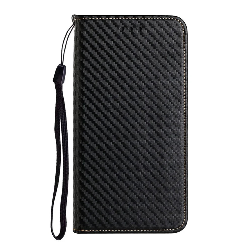 Anti-shock Phone Flip Cover Carbon Fiber Texture Stand Wallet Design Auto-absorbed PU Leather+TPU Phone Case for Samsung Galaxy A21s - Black - 2