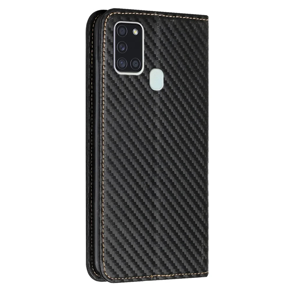 Anti-shock Phone Flip Cover Carbon Fiber Texture Stand Wallet Design Auto-absorbed PU Leather+TPU Phone Case for Samsung Galaxy A21s - Black - 3