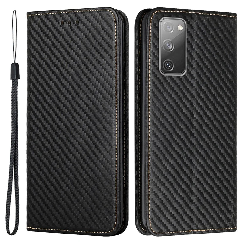 Wallet Design Carbon Fiber Texture Stand Auto-absorbed Leather Case Cover with Hand Strap for Samsung Galaxy S20 FE 2022/S20 FE 4G/5G/S20 Lite - Black - 1