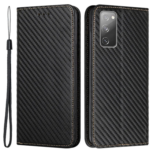 Wallet Design Carbon Fiber Texture Stand Auto-absorbed Leather Case Cover with Hand Strap for Samsung Galaxy S20 FE 2022/S20 FE 4G/5G/S20 Lite - Black - 1