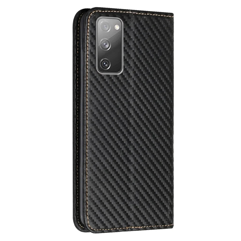 Wallet Design Carbon Fiber Texture Stand Auto-absorbed Leather Case Cover with Hand Strap for Samsung Galaxy S20 FE 2022/S20 FE 4G/5G/S20 Lite - Black - 3