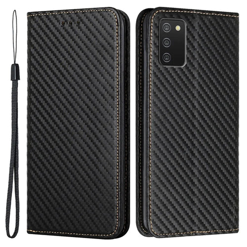 PU Leather Phone Case Carbon Fiber Texture Stand Wallet Shell for Samsung Galaxy A03s (166.5mm) - Black - 1