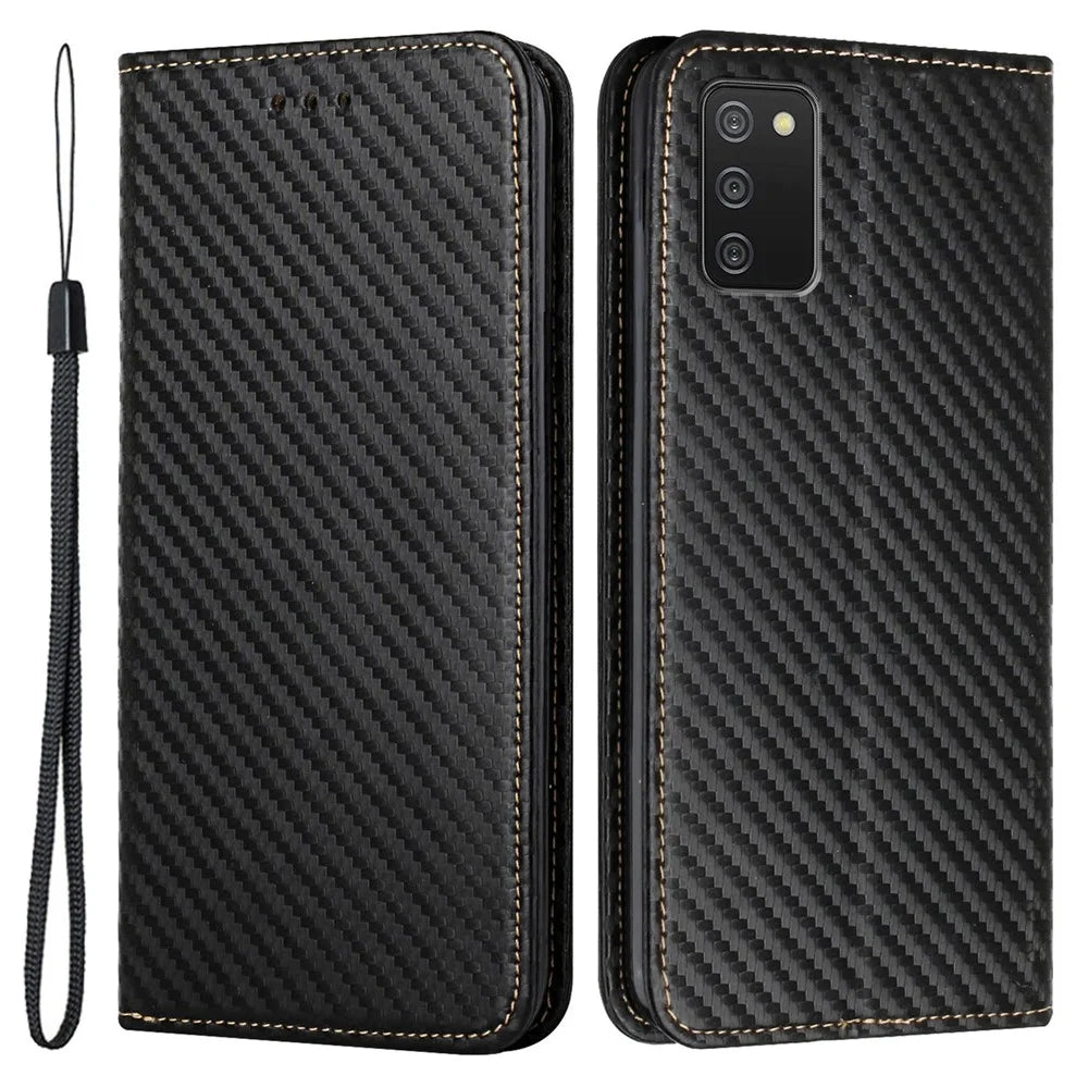Flip Design Auto-absorbed Carbon Fiber Texture Stand Wallet PU Leather Case Cover with Hand Strap for Samsung Galaxy A03s (164.2mm) - Black - 1