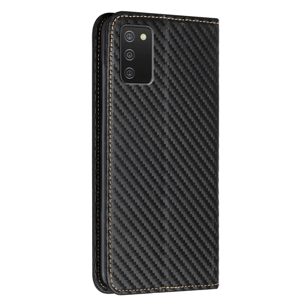 Flip Design Auto-absorbed Carbon Fiber Texture Stand Wallet PU Leather Case Cover with Hand Strap for Samsung Galaxy A03s (164.2mm) - Black - 3