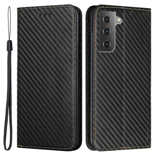 For Samsung Galaxy S22 5G Carbon Fiber Texture Stand Wallet Design Auto-absorbed Leather Case Cover with Hand Strap - Black - 1