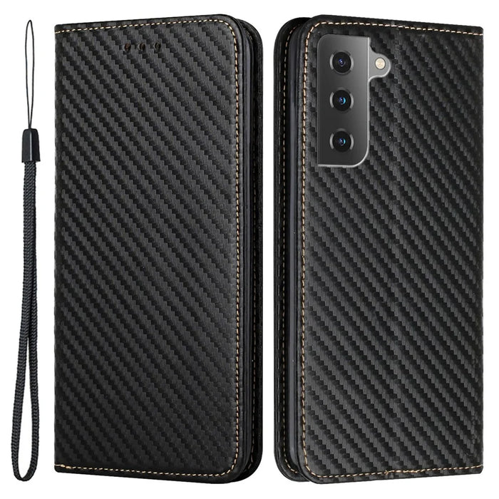 For Samsung Galaxy S22 5G Carbon Fiber Texture Stand Wallet Design Auto-absorbed Leather Case Cover with Hand Strap - Black - 1