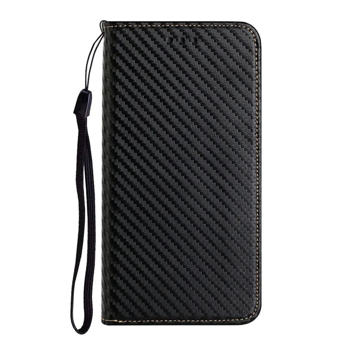 For Samsung Galaxy S22 5G Carbon Fiber Texture Stand Wallet Design Auto-absorbed Leather Case Cover with Hand Strap - Black - 2
