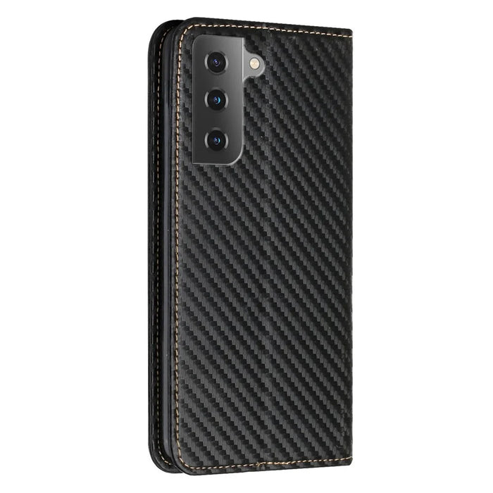 For Samsung Galaxy S22 5G Carbon Fiber Texture Stand Wallet Design Auto-absorbed Leather Case Cover with Hand Strap - Black - 3