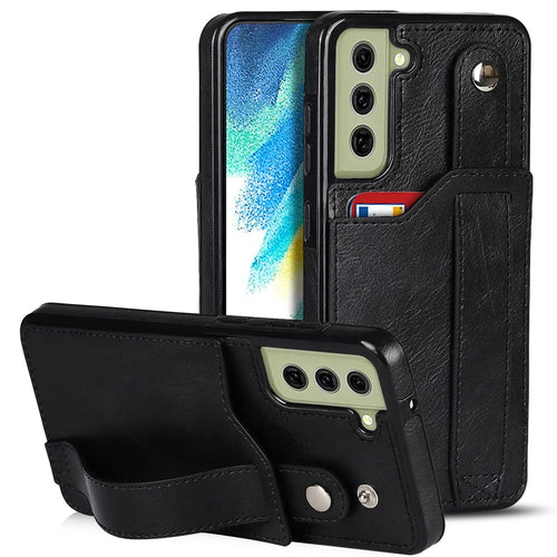 Hand Strap Kickstand RFID Blocking Function Anti-drop PU Leather Coated TPU Phone Case with Card Slot for Samsung Galaxy S21 FE 5G/S21 Fan Edition - Black - 1