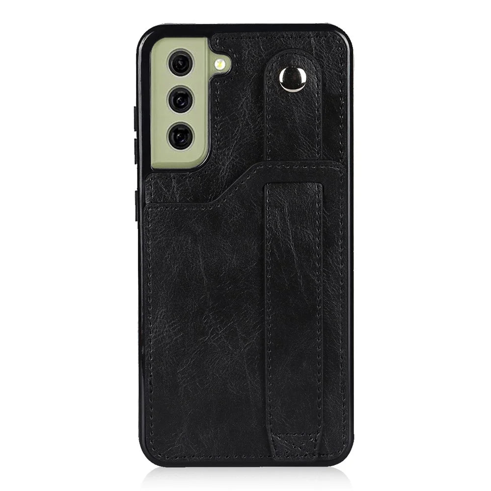 Hand Strap Kickstand RFID Blocking Function Anti-drop PU Leather Coated TPU Phone Case with Card Slot for Samsung Galaxy S21 FE 5G/S21 Fan Edition - Black - 2