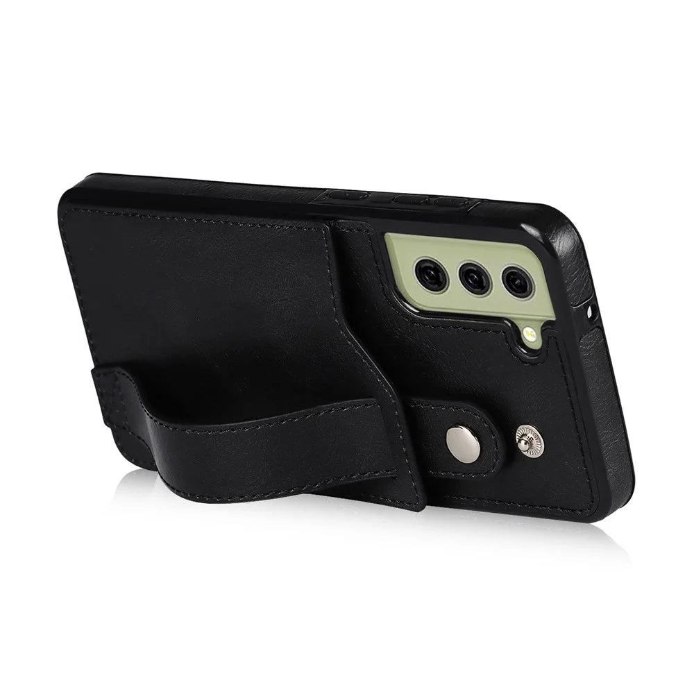 Hand Strap Kickstand RFID Blocking Function Anti-drop PU Leather Coated TPU Phone Case with Card Slot for Samsung Galaxy S21 FE 5G/S21 Fan Edition - Black - 4