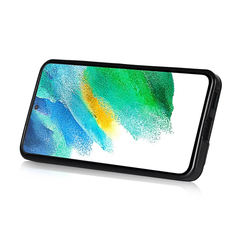 Hand Strap Kickstand RFID Blocking Function Anti-drop PU Leather Coated TPU Phone Case with Card Slot for Samsung Galaxy S21 FE 5G/S21 Fan Edition - Black - 5