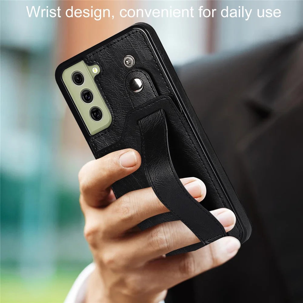 Hand Strap Kickstand RFID Blocking Function Anti-drop PU Leather Coated TPU Phone Case with Card Slot for Samsung Galaxy S21 FE 5G/S21 Fan Edition - Black - 6