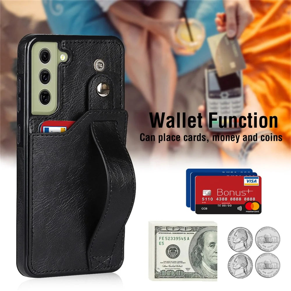 Hand Strap Kickstand RFID Blocking Function Anti-drop PU Leather Coated TPU Phone Case with Card Slot for Samsung Galaxy S21 FE 5G/S21 Fan Edition - Black - 7