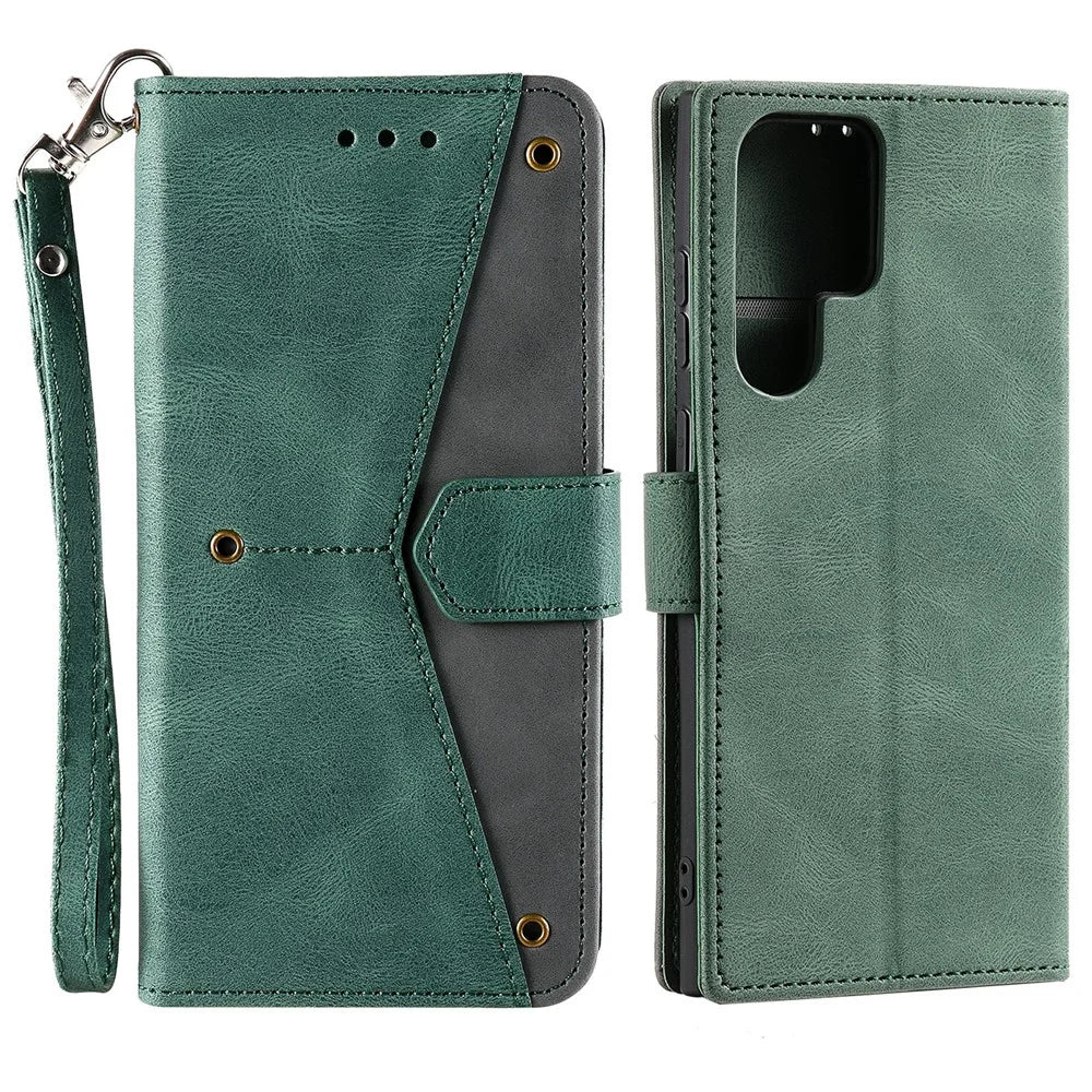 For Samsung Galaxy S22 Ultra 5G Wrist Strap Cover Skin-touch Splicing PU Leather and TPU Protective Phone Case with Stand and Wallet - Green - 1