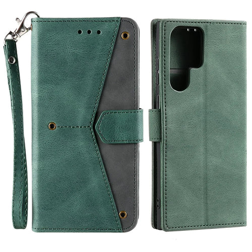 For Samsung Galaxy S22 Ultra 5G Wrist Strap Cover Skin-touch Splicing PU Leather and TPU Protective Phone Case with Stand and Wallet - Green - 1