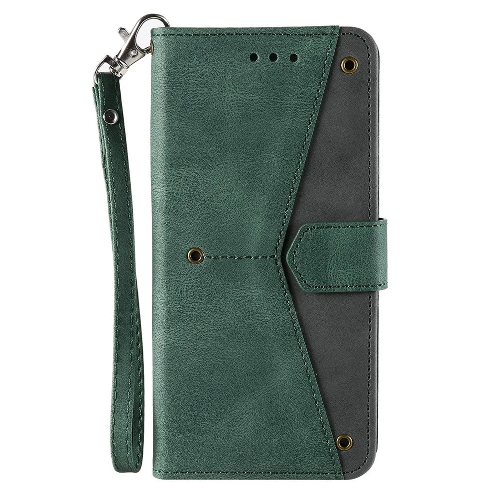 For Samsung Galaxy S22 Ultra 5G Wrist Strap Cover Skin-touch Splicing PU Leather and TPU Protective Phone Case with Stand and Wallet - Green - 2