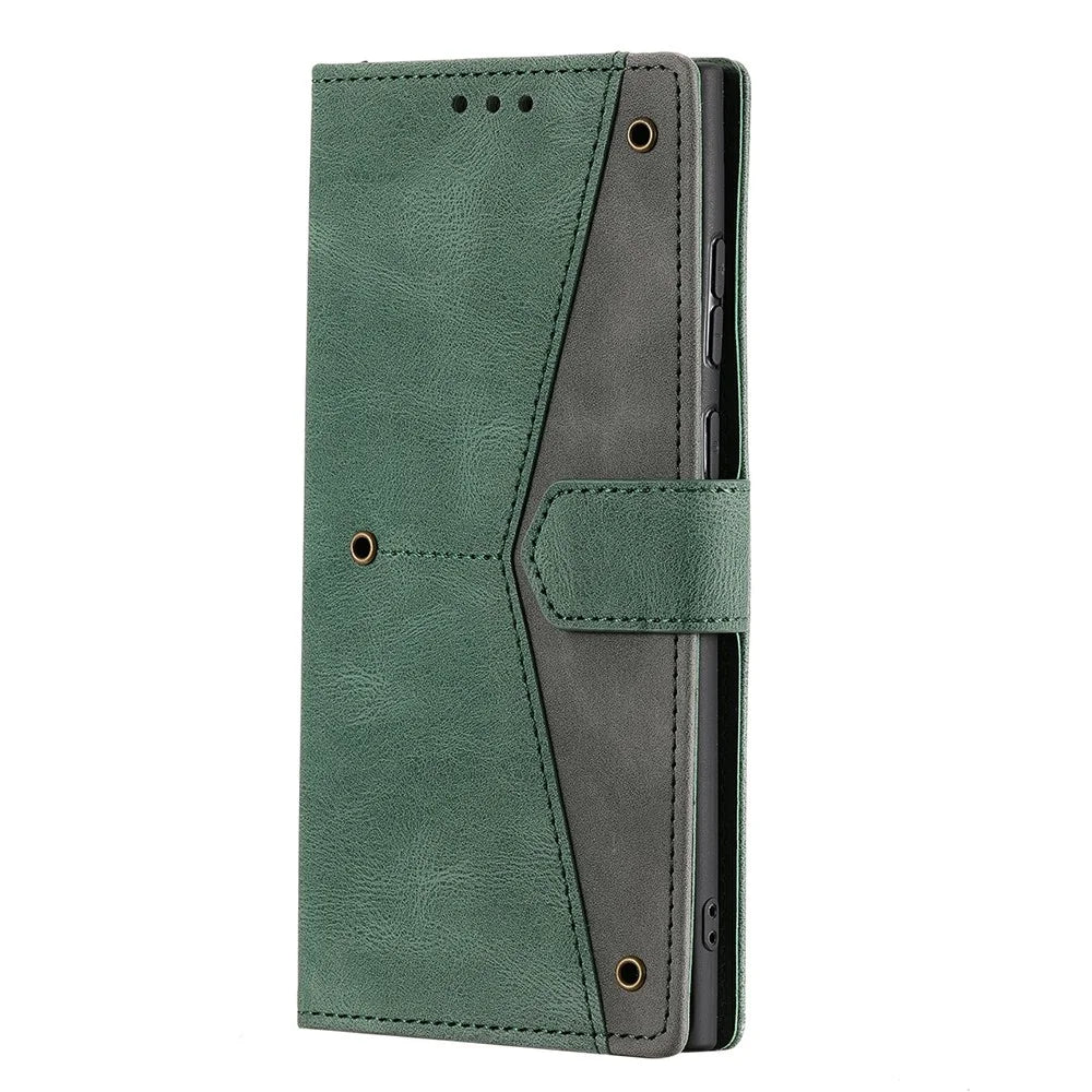 For Samsung Galaxy S22 Ultra 5G Wrist Strap Cover Skin-touch Splicing PU Leather and TPU Protective Phone Case with Stand and Wallet - Green - 3