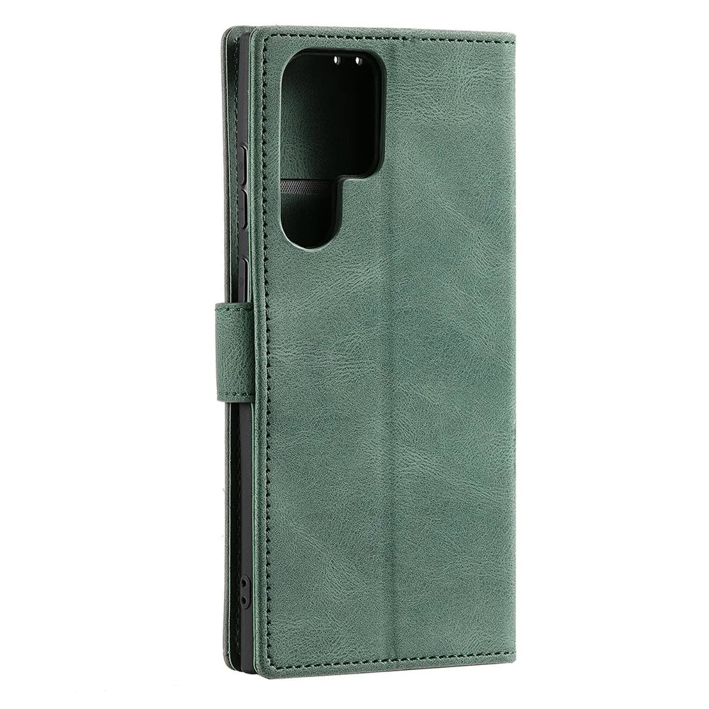 For Samsung Galaxy S22 Ultra 5G Wrist Strap Cover Skin-touch Splicing PU Leather and TPU Protective Phone Case with Stand and Wallet - Green - 4