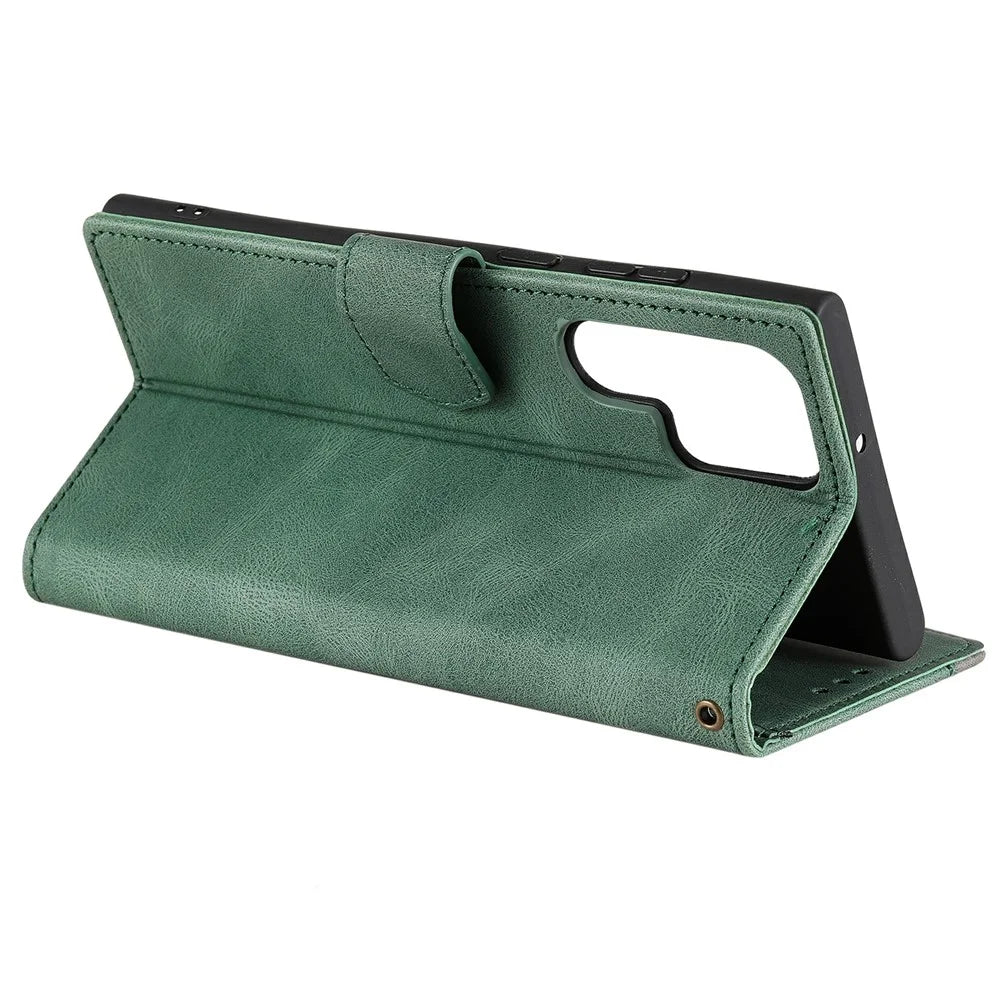 For Samsung Galaxy S22 Ultra 5G Wrist Strap Cover Skin-touch Splicing PU Leather and TPU Protective Phone Case with Stand and Wallet - Green - 5