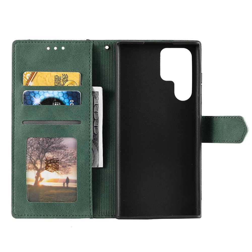 For Samsung Galaxy S22 Ultra 5G Wrist Strap Cover Skin-touch Splicing PU Leather and TPU Protective Phone Case with Stand and Wallet - Green - 6