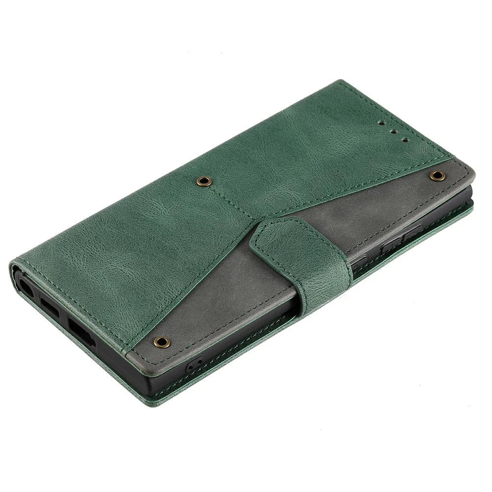 For Samsung Galaxy S22 Ultra 5G Wrist Strap Cover Skin-touch Splicing PU Leather and TPU Protective Phone Case with Stand and Wallet - Green - 7