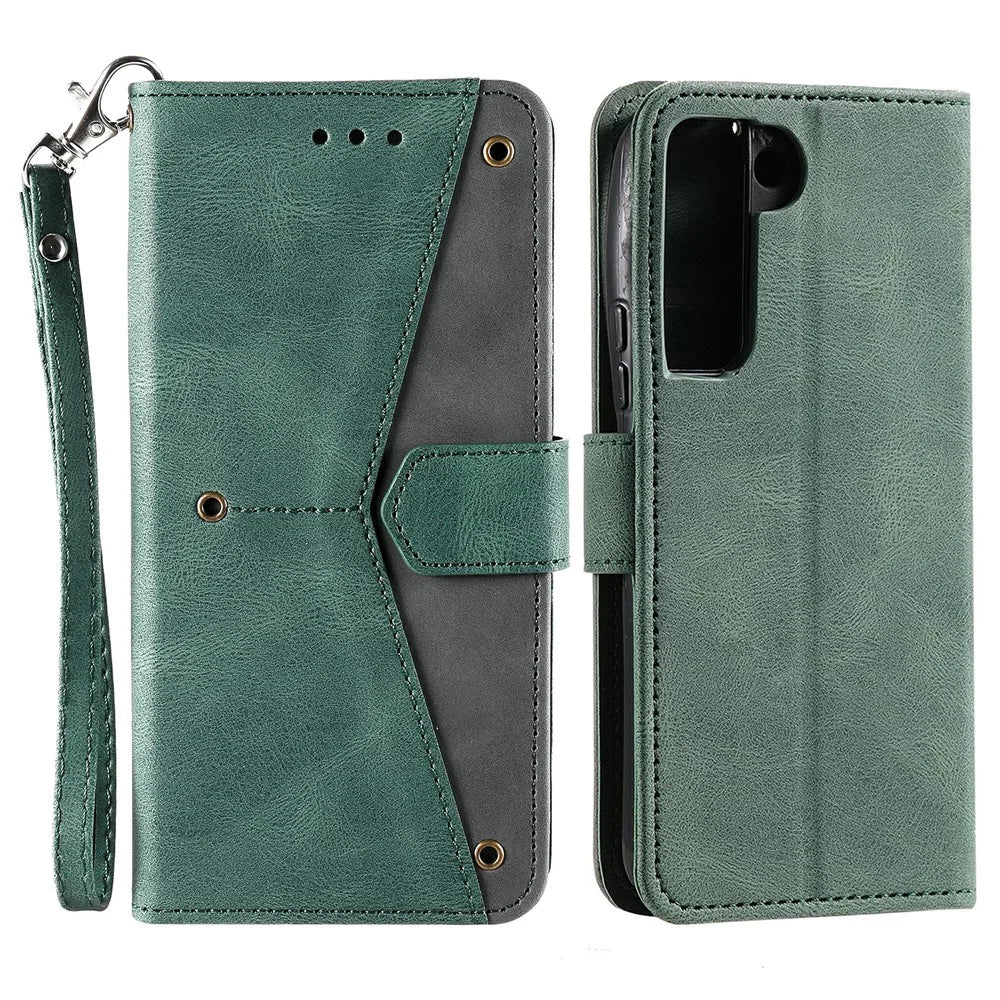 All-round Protection Cover Skin-touch Splicing PU Leather and TPU Drop-proof Phone Case with Stand and Wallet for Samsung Galaxy S22+ 5G - Green - 1