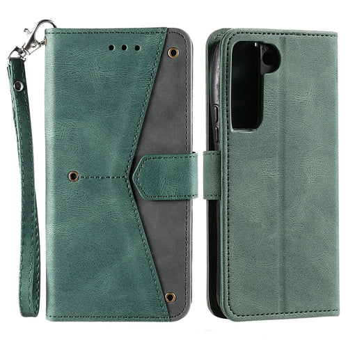 All-round Protection Cover Skin-touch Splicing PU Leather and TPU Drop-proof Phone Case with Stand and Wallet for Samsung Galaxy S22+ 5G - Green - 1