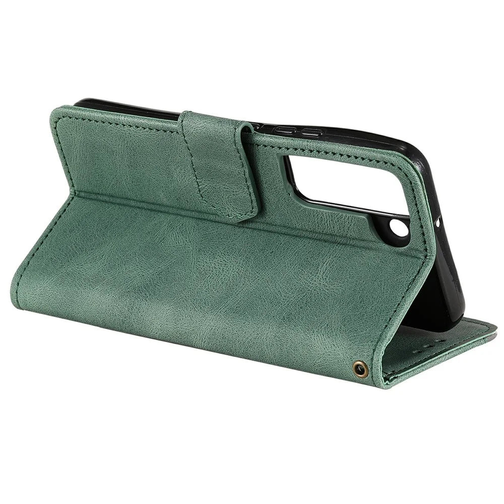 All-round Protection Cover Skin-touch Splicing PU Leather and TPU Drop-proof Phone Case with Stand and Wallet for Samsung Galaxy S22+ 5G - Green - 5