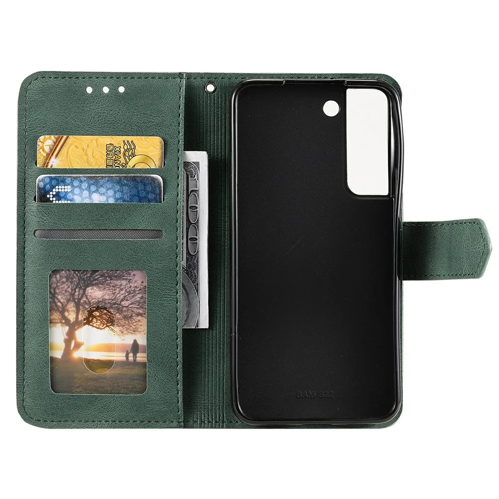 All-round Protection Cover Skin-touch Splicing PU Leather and TPU Drop-proof Phone Case with Stand and Wallet for Samsung Galaxy S22+ 5G - Green - 6