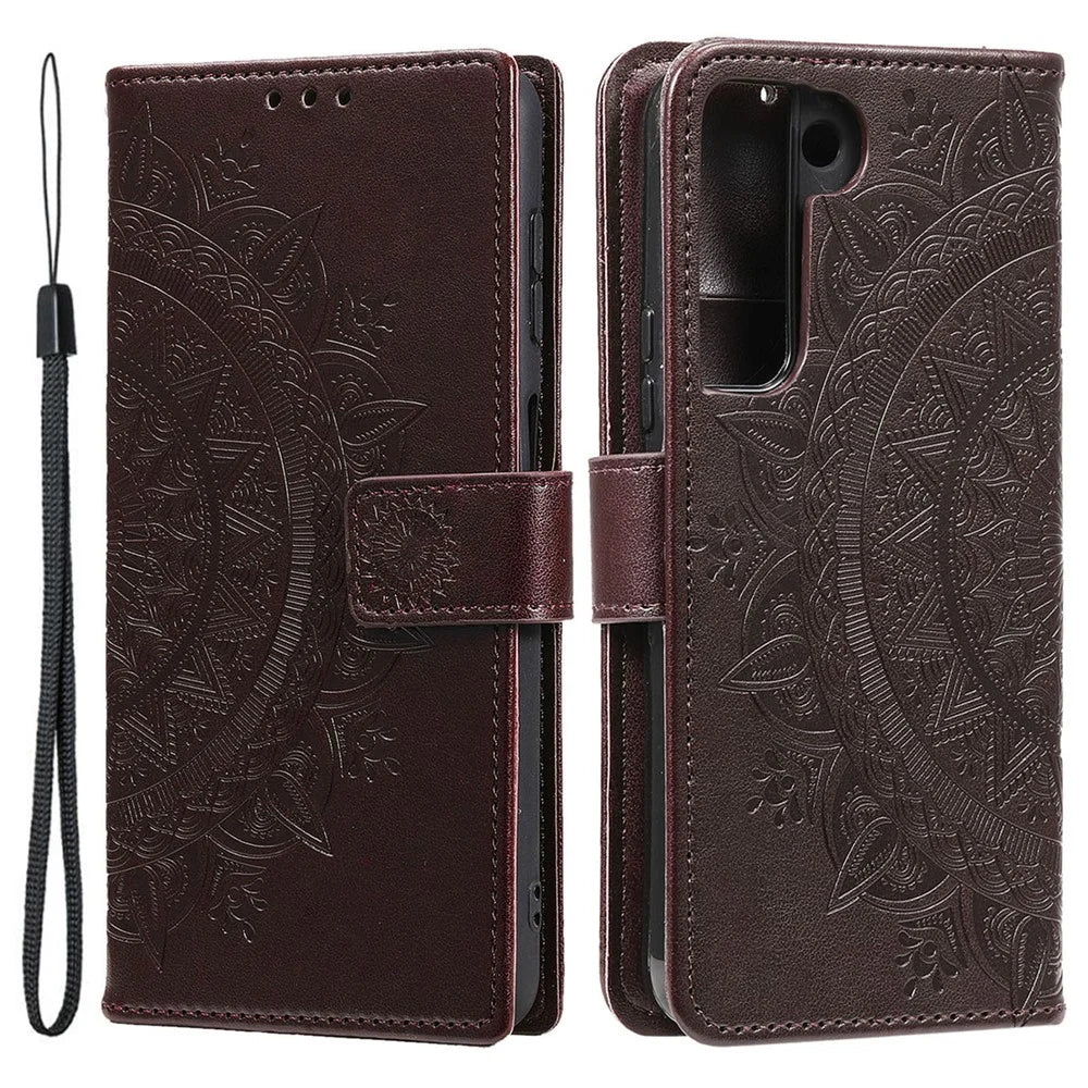 For Samsung Galaxy S22 5G Imprinting Mandala Flower Pattern Folio Flip Phone Cover PU Leather Wallet Stand Case - Brown - 1