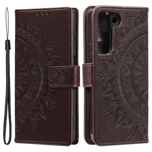 For Samsung Galaxy S22 5G Imprinting Mandala Flower Pattern Folio Flip Phone Cover PU Leather Wallet Stand Case - Brown - 1