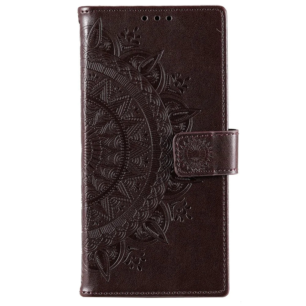 For Samsung Galaxy S22 5G Imprinting Mandala Flower Pattern Folio Flip Phone Cover PU Leather Wallet Stand Case - Brown - 2