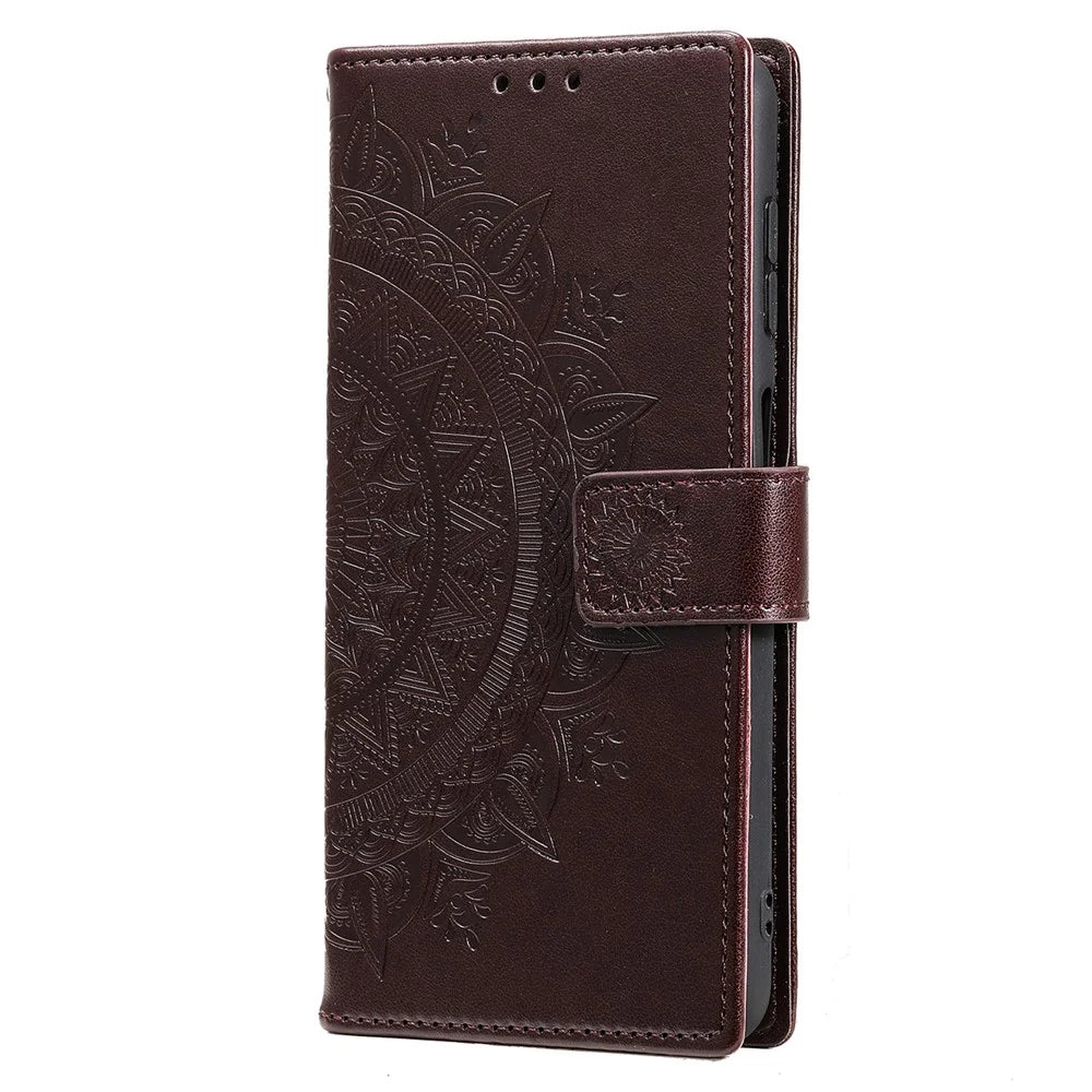 For Samsung Galaxy S22 5G Imprinting Mandala Flower Pattern Folio Flip Phone Cover PU Leather Wallet Stand Case - Brown - 3