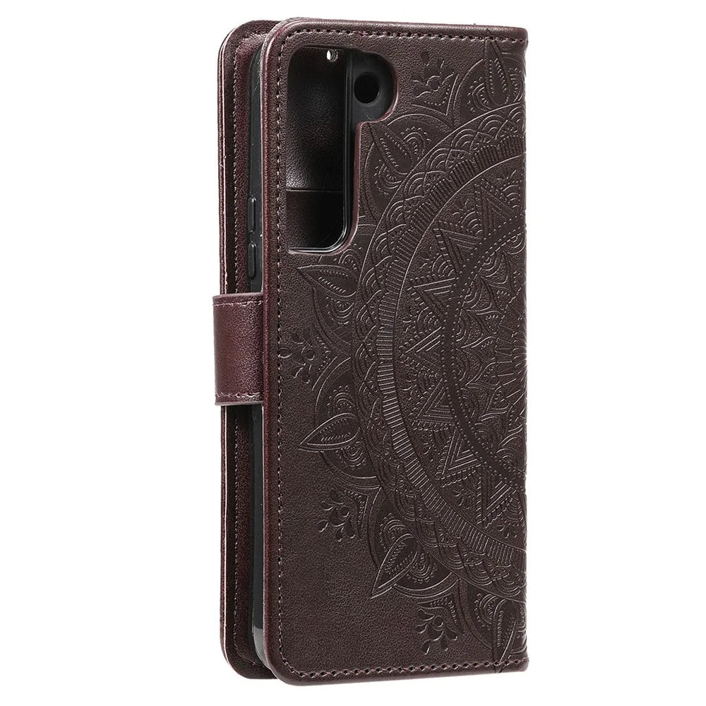 For Samsung Galaxy S22 5G Imprinting Mandala Flower Pattern Folio Flip Phone Cover PU Leather Wallet Stand Case - Brown - 4