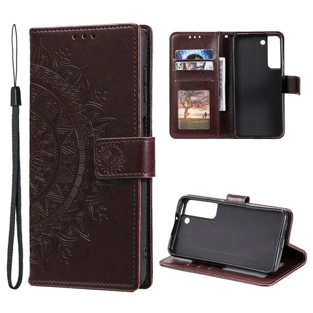 For Samsung Galaxy S22 5G Imprinting Mandala Flower Pattern Folio Flip Phone Cover PU Leather Wallet Stand Case - Brown - 7
