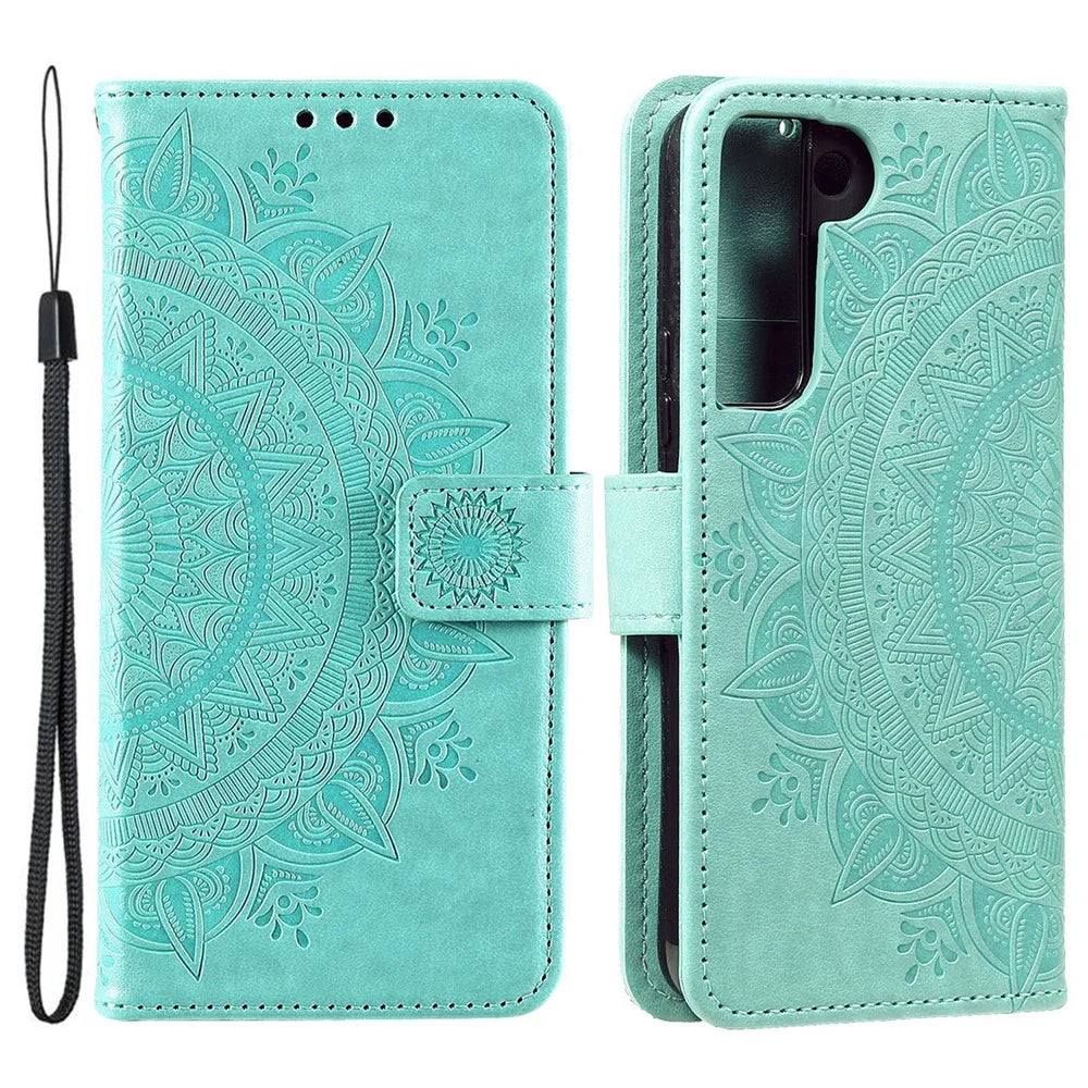 Imprinting Mandala Flower PU Leather + TPU Shockproof Phone Case with Wallet Stand for Samsung Galaxy S22+ 5G - Green - 1