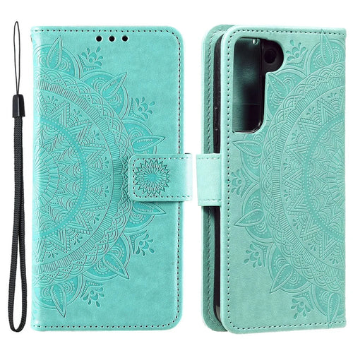 Imprinting Mandala Flower PU Leather + TPU Shockproof Phone Case with Wallet Stand for Samsung Galaxy S22+ 5G - Green - 1