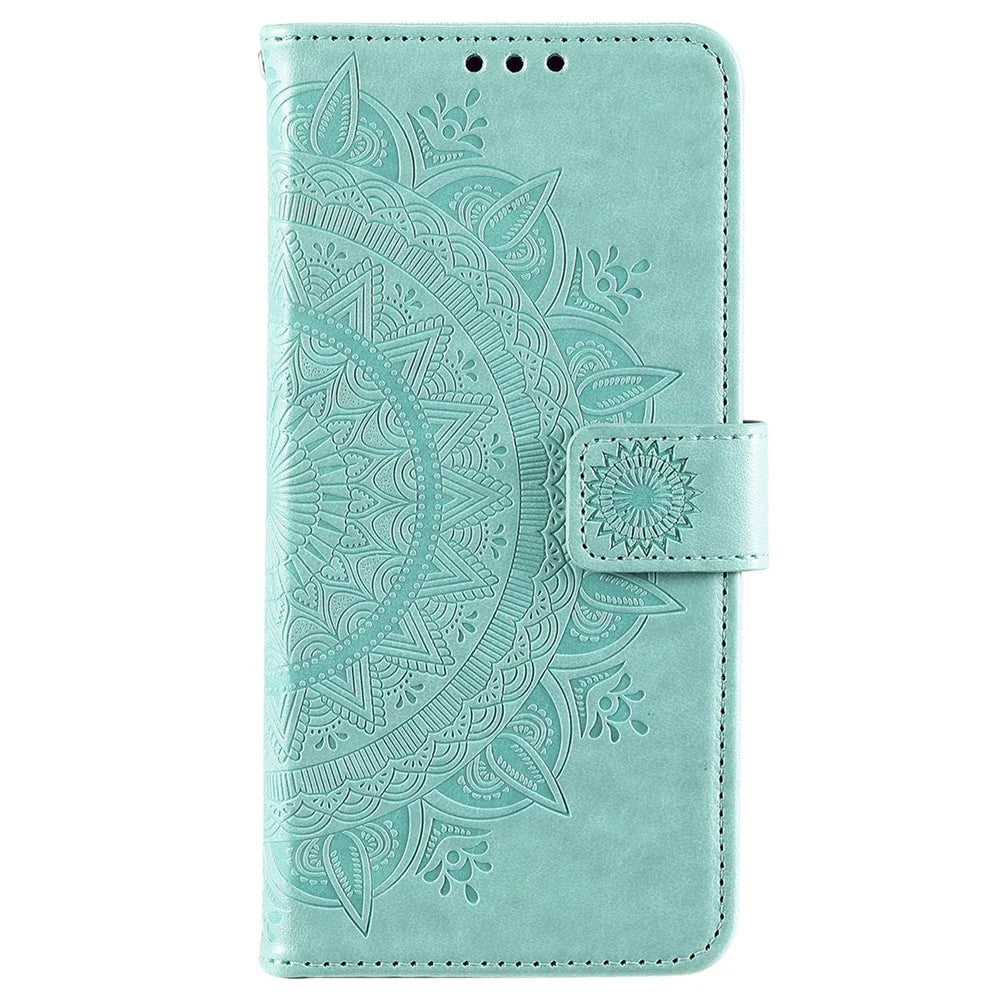 Imprinting Mandala Flower PU Leather + TPU Shockproof Phone Case with Wallet Stand for Samsung Galaxy S22+ 5G - Green - 2