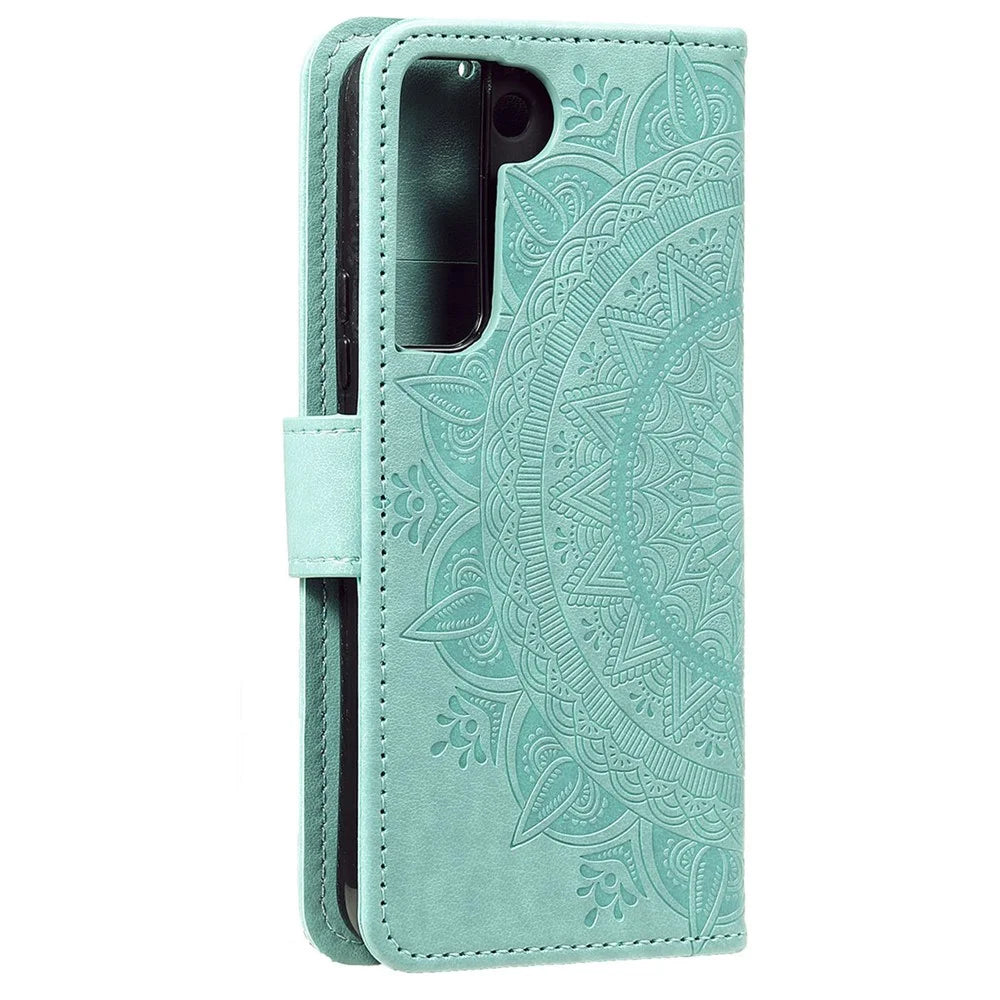Imprinting Mandala Flower PU Leather + TPU Shockproof Phone Case with Wallet Stand for Samsung Galaxy S22+ 5G - Green - 3